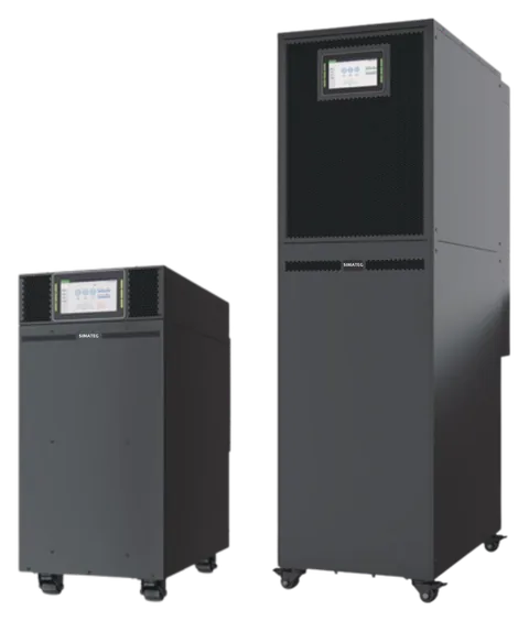 Dua UPS SGI33 Series berwarna gelap: unit kecil dan unit menara besar, keduanya berlatar layar sentuh
